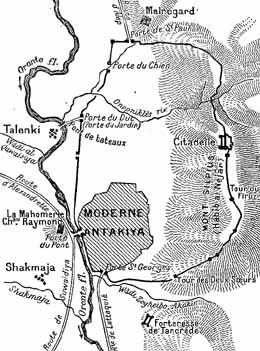 Carte de la ville d'Antioche, prise dans René Grousset, Histoire des croisades et du royaume franc de Jérusalem, Paris, Perrin,1991 (1934), p. 69.