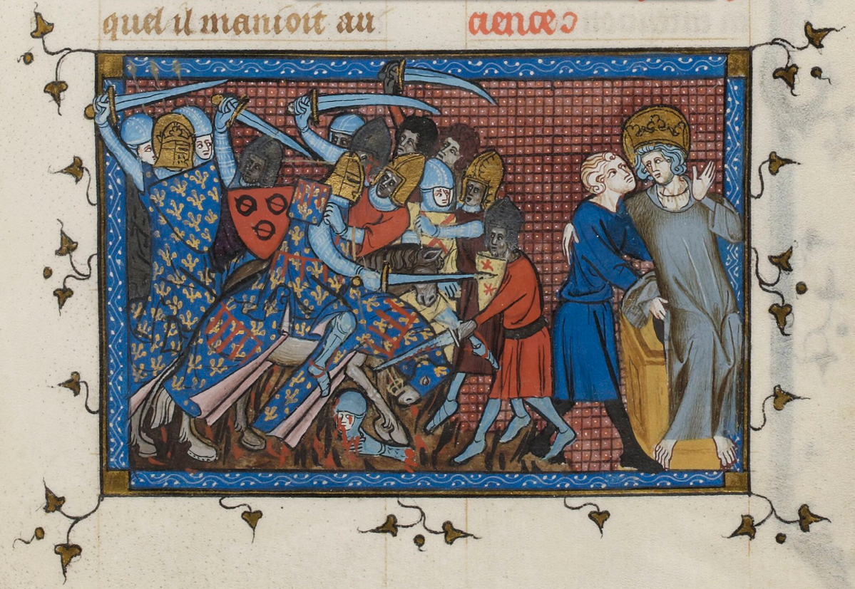 Bataille de Mansûra (1250). Enluminure du manuscrit du chroniqueur Guillaume de Saint-Pathus