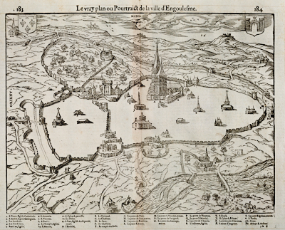 LE VRAY PLAN OU POURTRAICT DE LA VILLE D'ENGOULESME - Francois de Belleforest dans 'La Cosmographie Universelle de tout le monde', Paris 1575 par Nicolas Chesneau et Michel Sonnius - source http://www.vintage-maps.com/