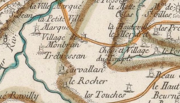 Montbran et le Temple de Pléboulle sur la carte de Cassini